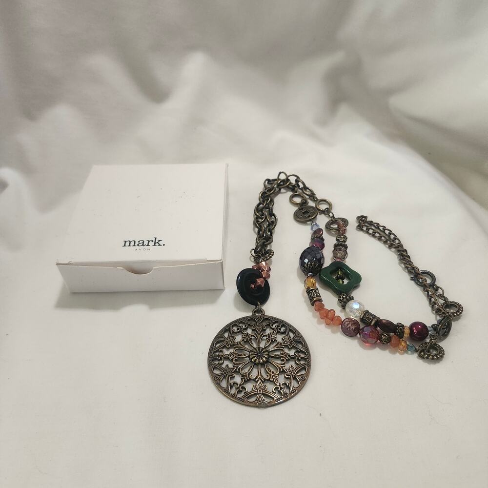 Pendant Necklace Mark Avon  Copper 2in 26 to 34 in chain Glass Beads w Box D2